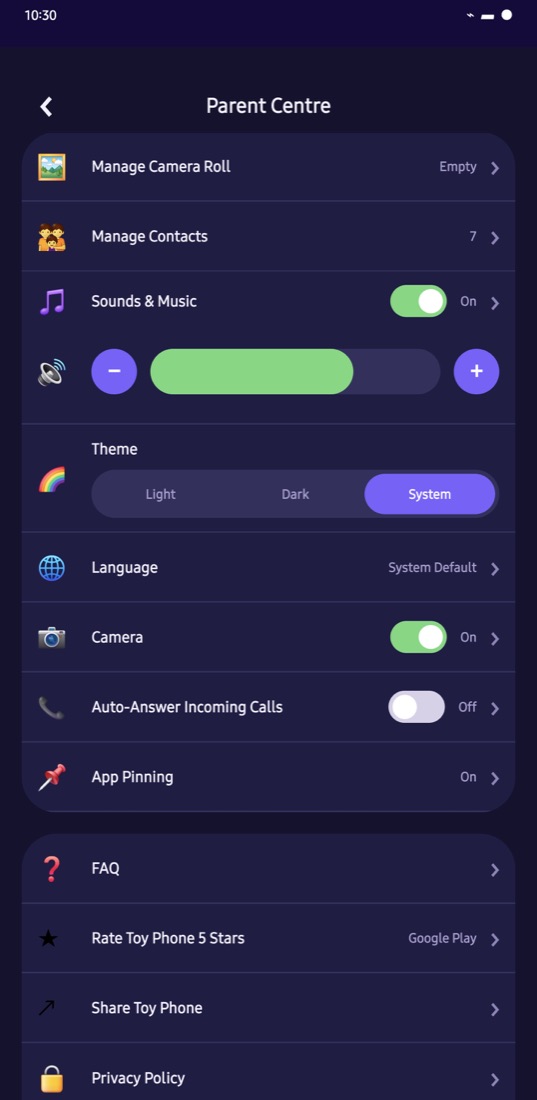 Toy Phone Parent Centre showing controls for contacts, sound, language, camera, and App Pinning